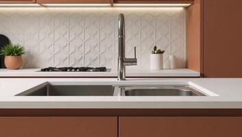 Modern 3Drendered closeup design showcases a stylish terracotta kitchen with sink and decorative elements against a backdrop of intricate tile patterns photo