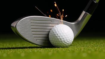 Dynamic closeup of golf ball impact with sparking droplets amidst a bokeh backdrop photo