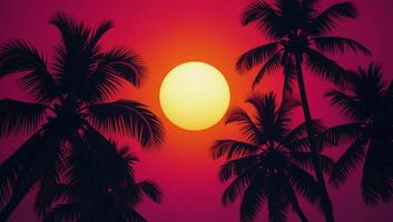Illustrated scene featuring a tropical setting during either sunrise or sunset under neon lights showcasing palm trees and the sun in a vintageinspired style photo