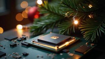 Artificial Intelligence industryinspired Christmas scene featuring a hightech nanoenhanced Christmas Tree adorned with edible chip decorations photo