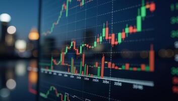 Digital art of a glossy cityscapereflected stock market chart featuring candlestick patterns and global business graphics against a backdrop of soft blured city lights photo