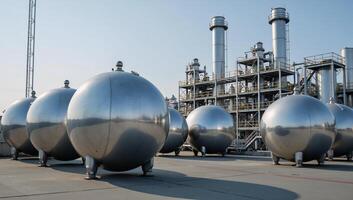 A detailed 3D rendering featuring liquefied gas storage spheres and production equipment in a chemical factory or plant within the broader context of the chemicals industry BVC ASME Reservoirs photo