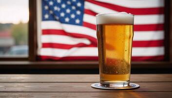 Patriotic bar scene featuring a glass of beer and an American flag photo
