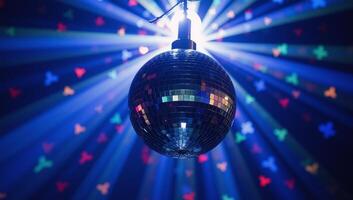 Glowing disco ball amidst vibrant danceclub lighting embodying highenergy disco aesthetic and featuring dynamic blue motifs set against a pulsating beat photo