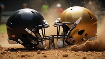 Colliding American Football Helmets Dusty Explosion of Competition Rivalry photo
