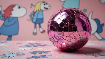 Pink disco ball adorned with colorful squares amidst a shower of sparks and confetti within an illustrative scene photo