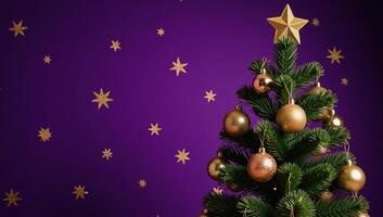 A Christmas tree decorated with gold ornaments adorns a purple backdrop complete with a shimmering gold star atop photo