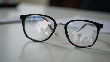 A world map financial charts reflected in stylish glasses symbolize global stock market surveillance photo