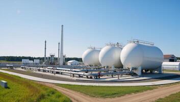 A 3D visualization showcases a chemical plant featuring oil gas storage cryogenic liquid containers factories with spherical highpressure tanks pipelines and the exterior of greenery on a summer day photo