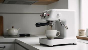 A sleek modern white coffee maker brews espressos on a contemporary kitchen countertop Breakfast photo
