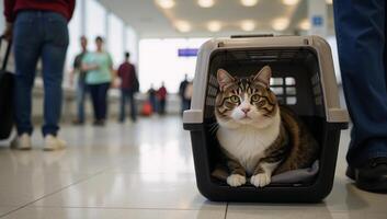 Cat traveling through airport in carrier photo