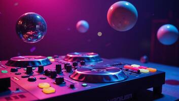 A luminous digital rendition of a vibrant DJ setup amidst glowing planets under a cosmic neon glow Nightclub Ambiance photo