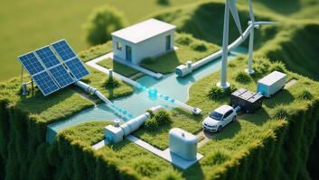 Illustrate a hydrogen ecosystem with an emphasis on its connection to sustainable technologies using isometry photo