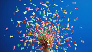 Blue backdrop with colored confetti falling photo
