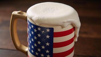 An Americanflagged beer mug overflowing with frothy head photo