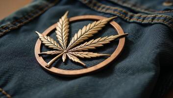 Stylized cannabis leaf emblem against distressed earthtoned denim backdrop symbolizes counterculture and alternative lifestyles photo