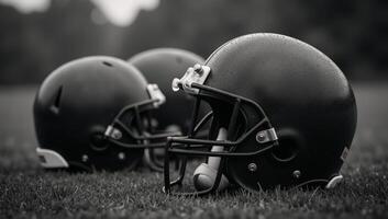 Worn football helmets on rainsoaked field with bokeh light effects photo