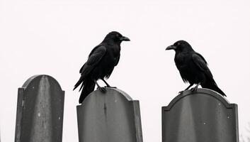 Black crow clipart depicting eerie Halloween scene tombstoneperching crows isolated against white backdrop photo