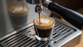Closeup shot of espresso pouring from coffee maker showcasing expert brewing technique photo