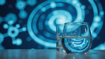 Abstract art depicts an energetic blue molecular representation of hydrogen glassware within a clean and simplified chemical context photo