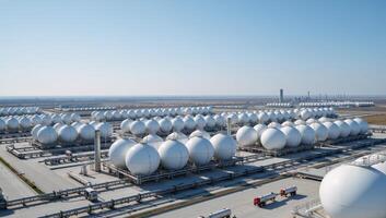 Liquefied Gas Storage Industrial landscape featuring spherical BPVC tanks storing cryogenic liquids under a blue sky photo