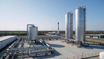 A clean H2 energy concept Wideangle image of a modern hydrogen power plant featuring large steel tanks pipes photo