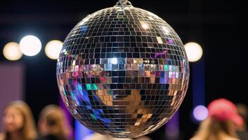 Rainbowhued reflections on a sparkling disco mirror ball photo