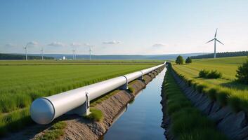 A secure carbonneutral transformation in the energy sector visualized as a 3D rendered hydrogen pipeline connecting solar power plants for clean energy balancing renewables with reduced reliance on photo