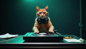 Cat spins tunes at tealthemed nightclub using turntables mixer photo