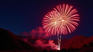 Vibrant firework display lights up mountainous landscape during a lively festival photo