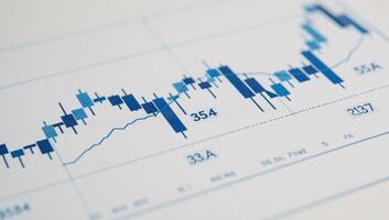 Closeup image of a blue stock market trading chart with detailed candlestick graphs photo