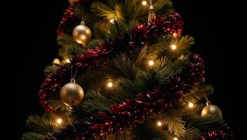 Festive Christmas tree with red black garland lit by warm glow 8k 3D render photo