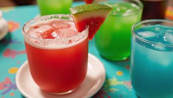 A vibrant closeup image of a red margarita adorned with a watermelon slice against a backdrop of other colorful cocktails set on a festive multicolored tablecloth during a lively party scene photo