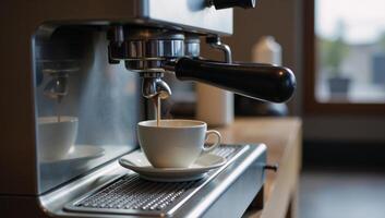 A retrostyle espresso machine featuring a coffee cup photo