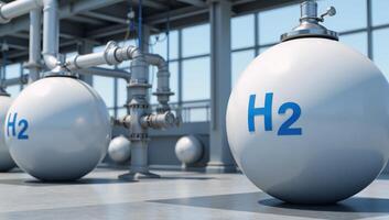 A 3D image featuring a highpressure spherical tank factory producing ecofriendly hydrogen fuel for obtaining clean energy the facility is marked with a logo for BPVCs hydrogen innovations and focuses photo