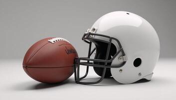 A highdefinition 3D rendering showcases an American Football ball and helmet as sports goods icon photo