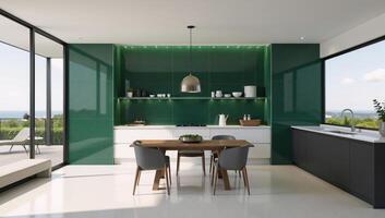 Modern kitchendining room interior design featuring a dark green wall 3D rendering photo