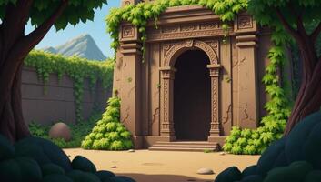Ancient temple cartoon backdrop for an adventurepuzzle game featuring temple motifs and vinecovered walls in a 2D artstyle photo