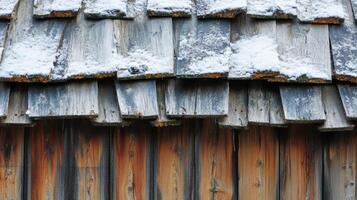A close up of a wooden roof with snow on it photo