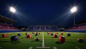 Neonlit football field adorned with multiple helmets and soccer balls photo