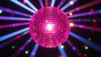 A closeup image featuring a lively disco scene against a backdrop of vibrant neon lights and a sparkling pink disco ball photo