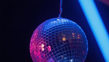 A captivating scene featuring blue and pink hues with a glowing neon effect and a vintage disco ball photo