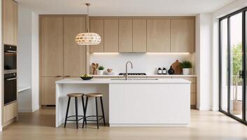 A contemporary Scandinavianstyle kitchen featuring an island and decorative elements is depicted through a 3D render photo