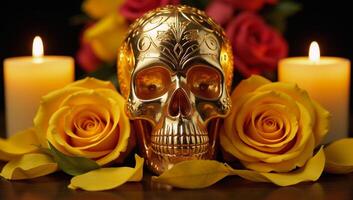 A golden sugar skull adorned with yellow roses and candles symbolizes the Day of the Dead celebration photo