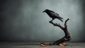 Black raven on a Halloweenthemed distressed gray backdrop in minimalist style photo
