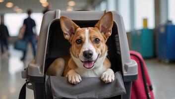 Travelling with pet dog at airport terminal in carrier photo