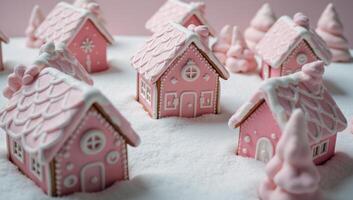 Pasteltoned gingerbread houses decorated with shimmery frosting amidst a winter wonderland photo