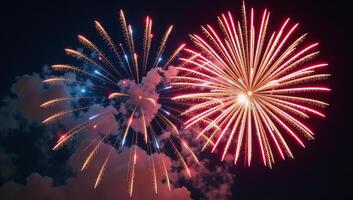 Ultrawide festive firework display showcasing patriotic flag colors against central blank space photo