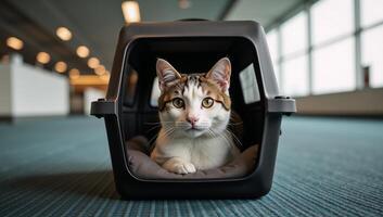 A cat inside an airport carrier photo