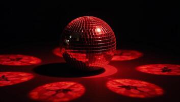 A shimmering red disco ball reflects light against an empty backdrop symbolizing a festive and lively atmosphere photo